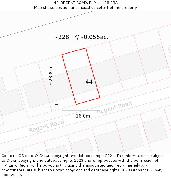 44, REGENT ROAD, RHYL, LL18 4BA: Plot and title map