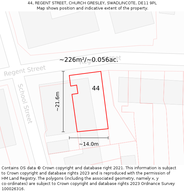 44, REGENT STREET, CHURCH GRESLEY, SWADLINCOTE, DE11 9PL: Plot and title map