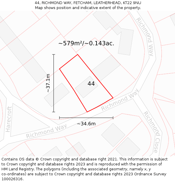 44, RICHMOND WAY, FETCHAM, LEATHERHEAD, KT22 9NU: Plot and title map