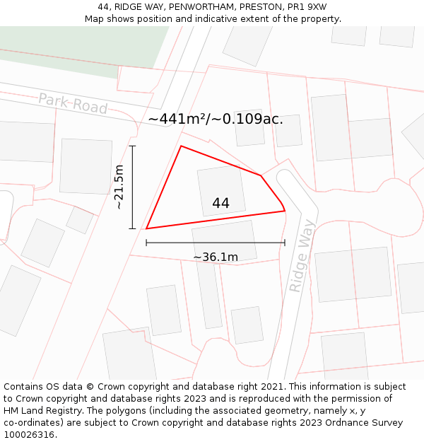 44, RIDGE WAY, PENWORTHAM, PRESTON, PR1 9XW: Plot and title map