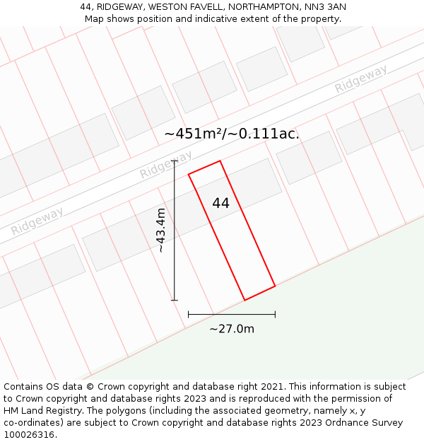 44, RIDGEWAY, WESTON FAVELL, NORTHAMPTON, NN3 3AN: Plot and title map