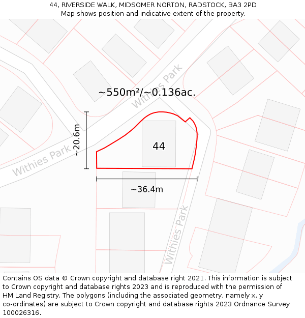 44, RIVERSIDE WALK, MIDSOMER NORTON, RADSTOCK, BA3 2PD: Plot and title map