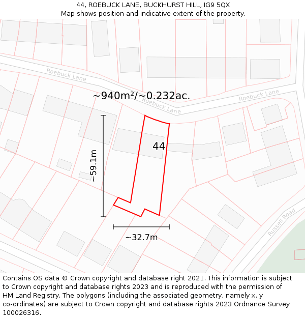 44, ROEBUCK LANE, BUCKHURST HILL, IG9 5QX: Plot and title map