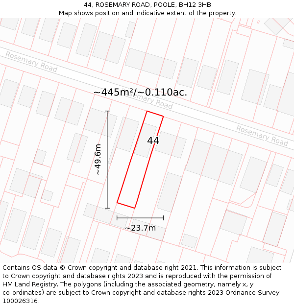 44, ROSEMARY ROAD, POOLE, BH12 3HB: Plot and title map