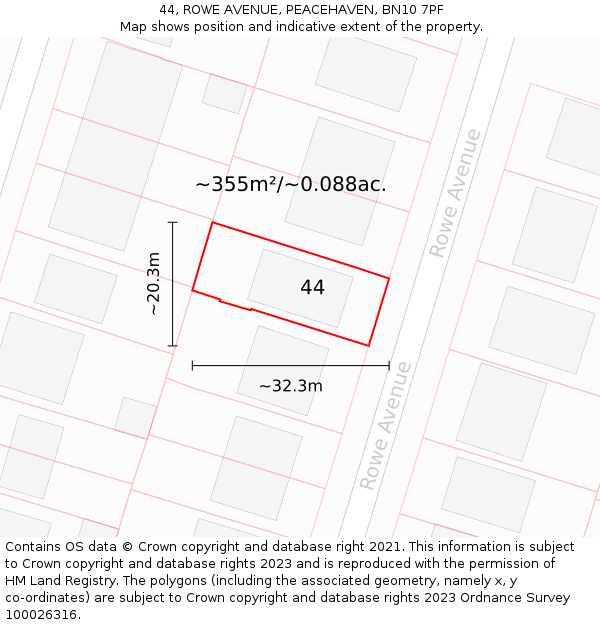 44, ROWE AVENUE, PEACEHAVEN, BN10 7PF: Plot and title map