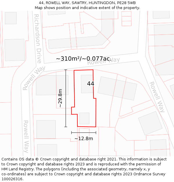 44, ROWELL WAY, SAWTRY, HUNTINGDON, PE28 5WB: Plot and title map