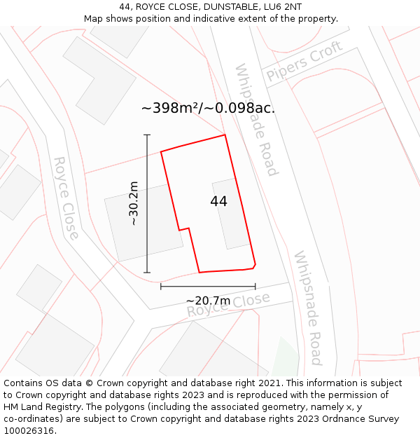 44, ROYCE CLOSE, DUNSTABLE, LU6 2NT: Plot and title map