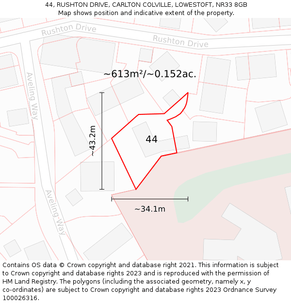 44, RUSHTON DRIVE, CARLTON COLVILLE, LOWESTOFT, NR33 8GB: Plot and title map