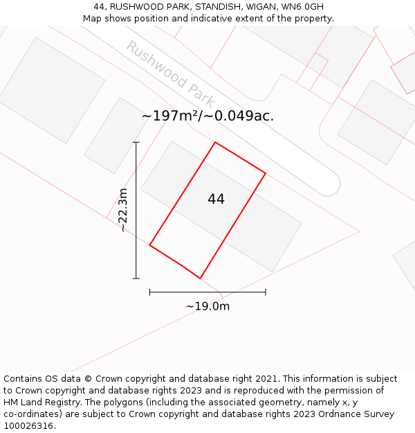 44, RUSHWOOD PARK, STANDISH, WIGAN, WN6 0GH: Plot and title map