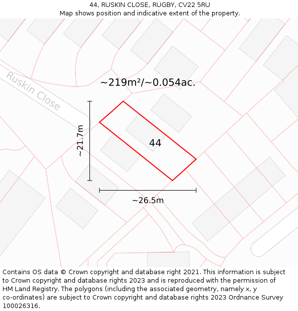 44, RUSKIN CLOSE, RUGBY, CV22 5RU: Plot and title map