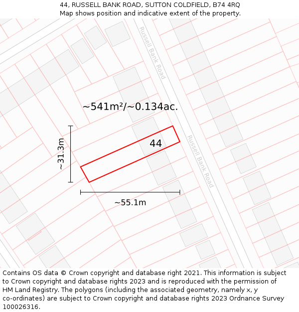44, RUSSELL BANK ROAD, SUTTON COLDFIELD, B74 4RQ: Plot and title map