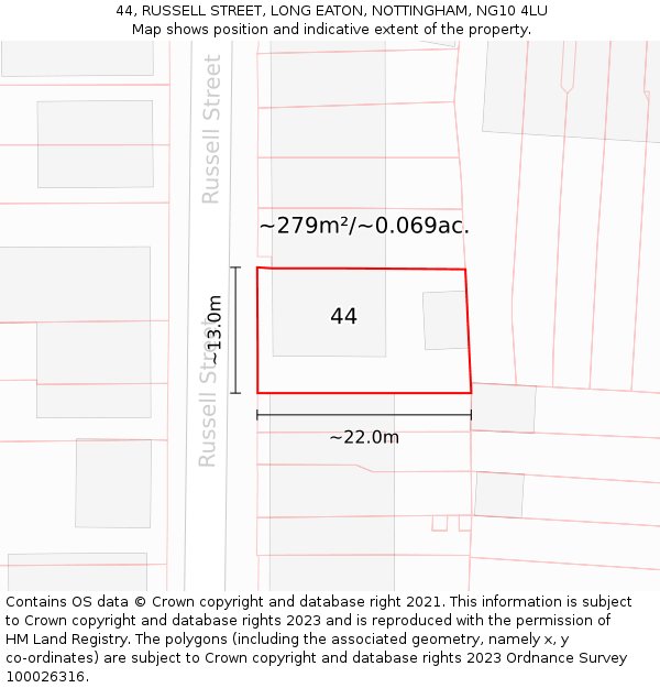 44, RUSSELL STREET, LONG EATON, NOTTINGHAM, NG10 4LU: Plot and title map