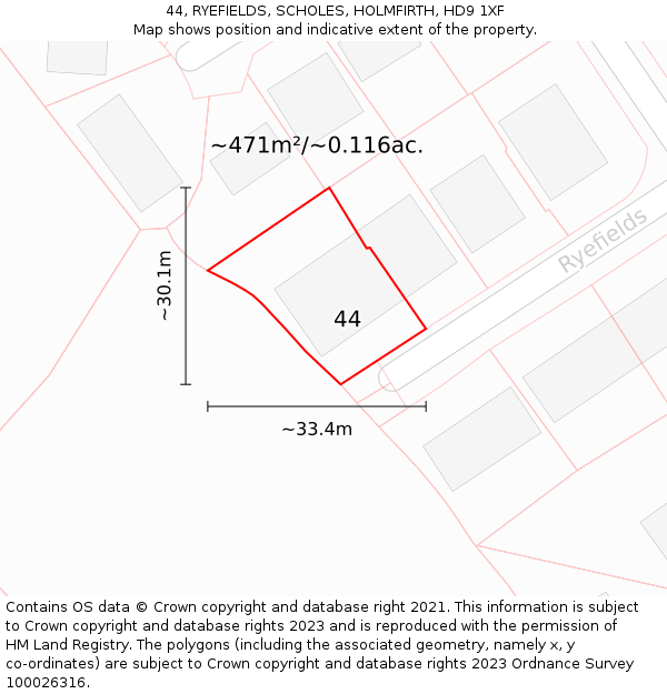 44, RYEFIELDS, SCHOLES, HOLMFIRTH, HD9 1XF: Plot and title map