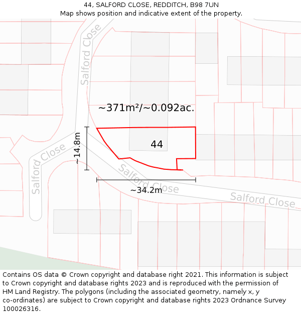 44, SALFORD CLOSE, REDDITCH, B98 7UN: Plot and title map