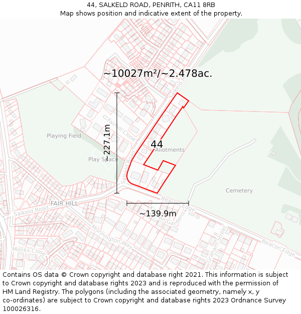 44, SALKELD ROAD, PENRITH, CA11 8RB: Plot and title map