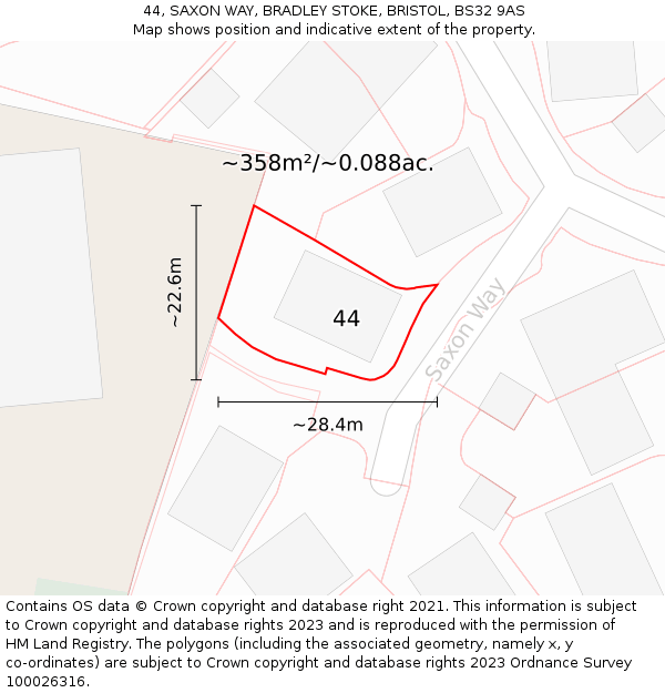 44, SAXON WAY, BRADLEY STOKE, BRISTOL, BS32 9AS: Plot and title map