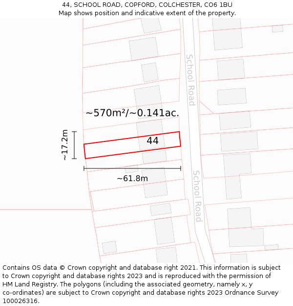 44, SCHOOL ROAD, COPFORD, COLCHESTER, CO6 1BU: Plot and title map