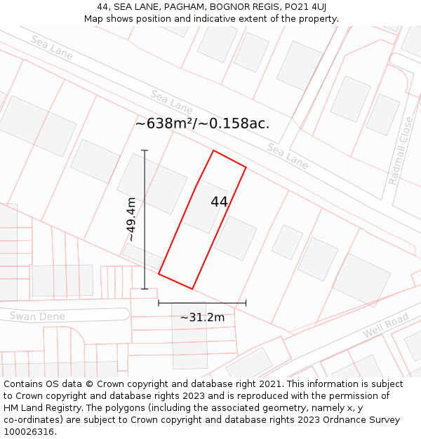 44, SEA LANE, PAGHAM, BOGNOR REGIS, PO21 4UJ: Plot and title map