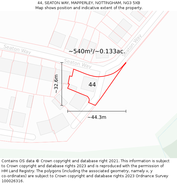 44, SEATON WAY, MAPPERLEY, NOTTINGHAM, NG3 5XB: Plot and title map