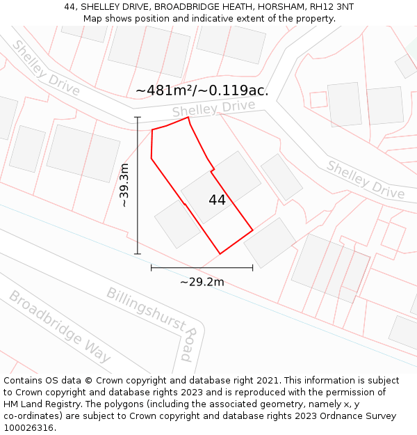 44, SHELLEY DRIVE, BROADBRIDGE HEATH, HORSHAM, RH12 3NT: Plot and title map