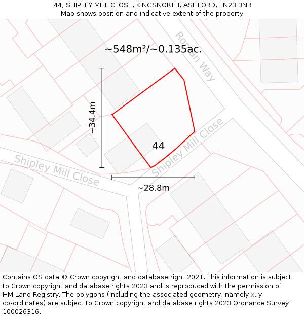 44, SHIPLEY MILL CLOSE, KINGSNORTH, ASHFORD, TN23 3NR: Plot and title map