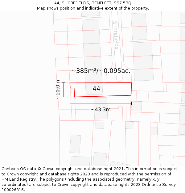 44, SHOREFIELDS, BENFLEET, SS7 5BQ: Plot and title map