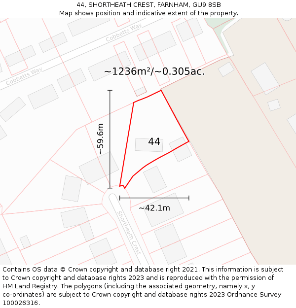 44, SHORTHEATH CREST, FARNHAM, GU9 8SB: Plot and title map