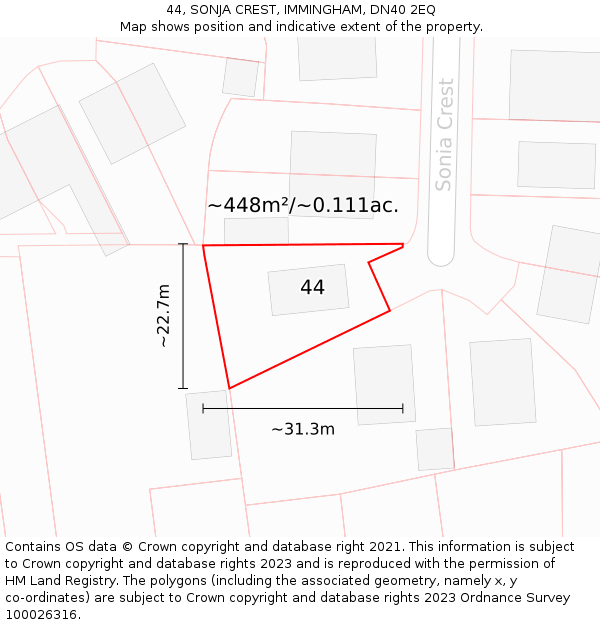 44, SONJA CREST, IMMINGHAM, DN40 2EQ: Plot and title map