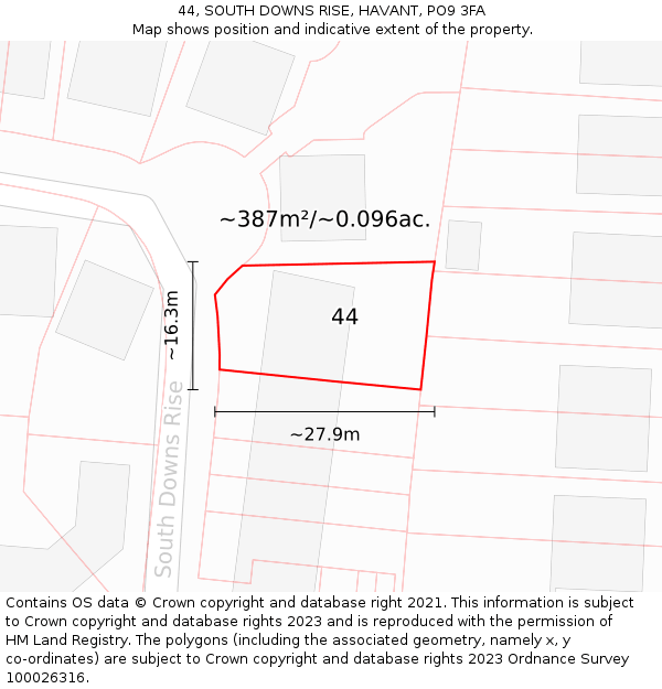 44, SOUTH DOWNS RISE, HAVANT, PO9 3FA: Plot and title map