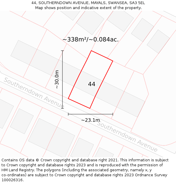 44, SOUTHERNDOWN AVENUE, MAYALS, SWANSEA, SA3 5EL: Plot and title map