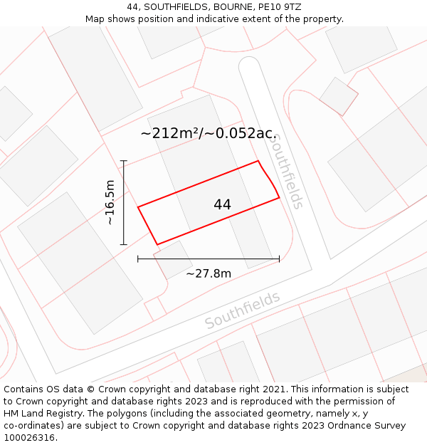 44, SOUTHFIELDS, BOURNE, PE10 9TZ: Plot and title map