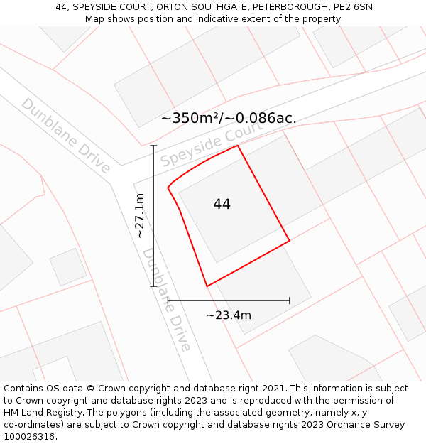 44, SPEYSIDE COURT, ORTON SOUTHGATE, PETERBOROUGH, PE2 6SN: Plot and title map