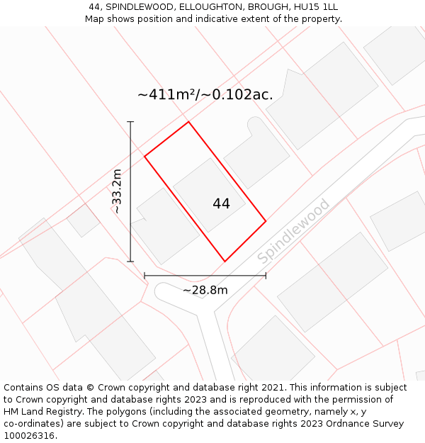 44, SPINDLEWOOD, ELLOUGHTON, BROUGH, HU15 1LL: Plot and title map