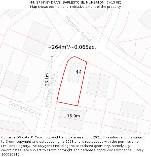 44, SPINNEY DRIVE, BARLESTONE, NUNEATON, CV13 0JQ: Plot and title map