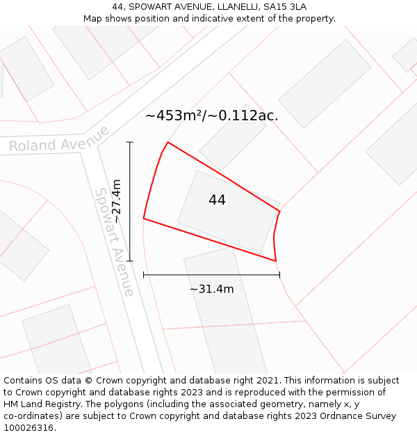 44, SPOWART AVENUE, LLANELLI, SA15 3LA: Plot and title map