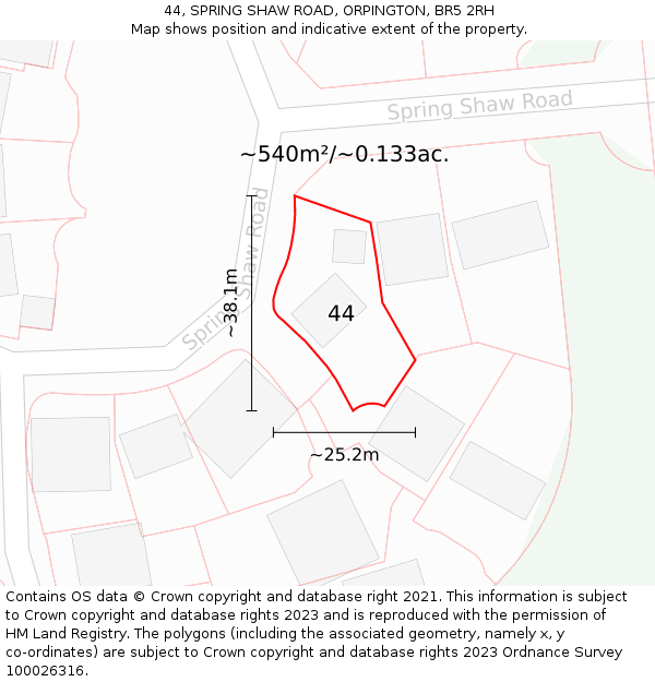 44, SPRING SHAW ROAD, ORPINGTON, BR5 2RH: Plot and title map