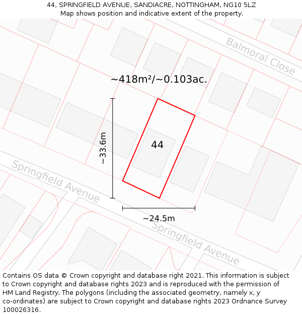 44, SPRINGFIELD AVENUE, SANDIACRE, NOTTINGHAM, NG10 5LZ: Plot and title map