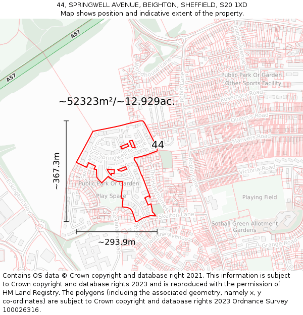 44, SPRINGWELL AVENUE, BEIGHTON, SHEFFIELD, S20 1XD: Plot and title map