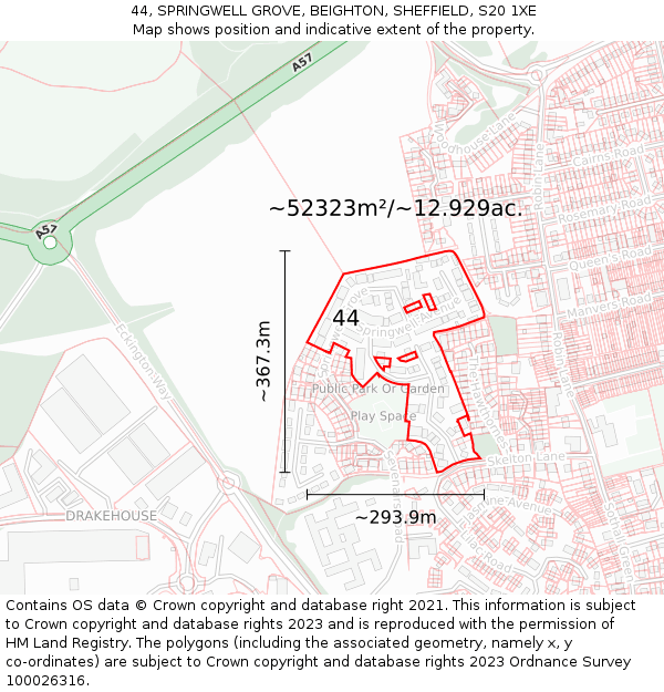 44, SPRINGWELL GROVE, BEIGHTON, SHEFFIELD, S20 1XE: Plot and title map