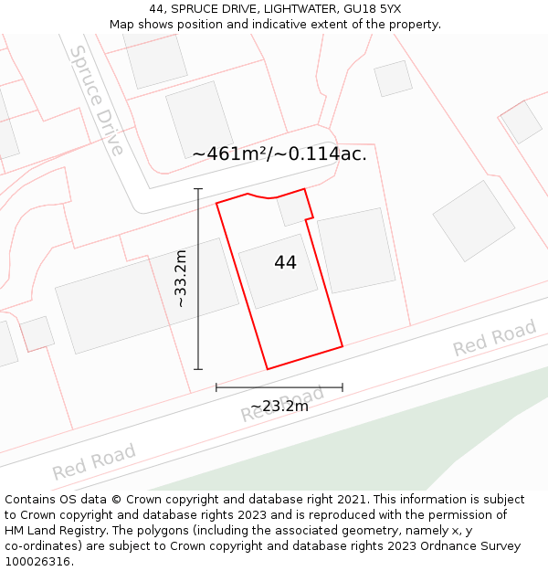 44, SPRUCE DRIVE, LIGHTWATER, GU18 5YX: Plot and title map