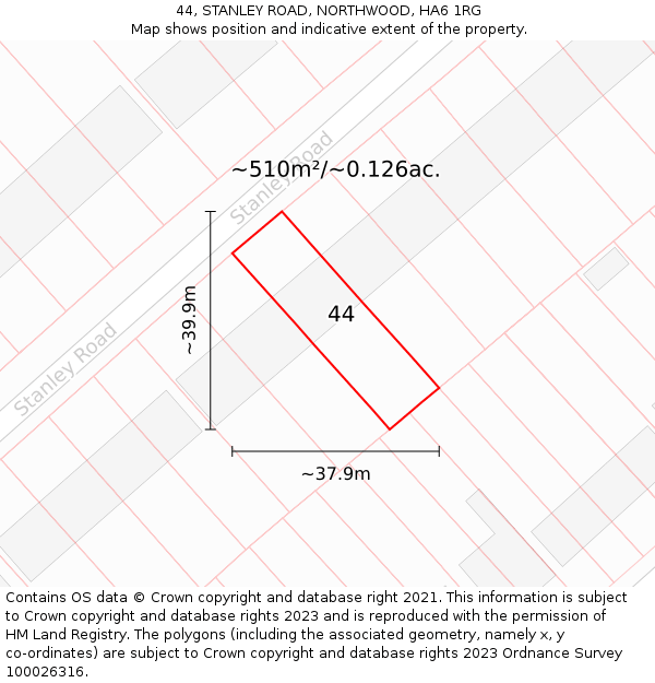 44, STANLEY ROAD, NORTHWOOD, HA6 1RG: Plot and title map