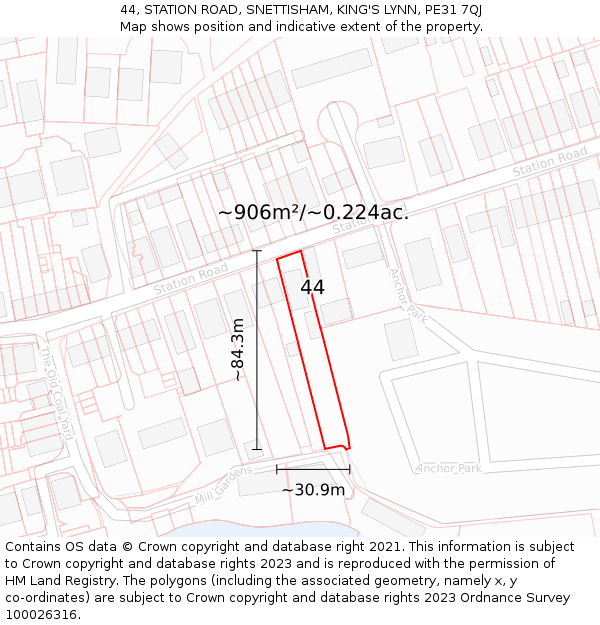 44, STATION ROAD, SNETTISHAM, KING'S LYNN, PE31 7QJ: Plot and title map