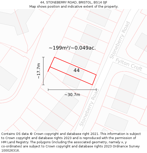 44, STONEBERRY ROAD, BRISTOL, BS14 0JF: Plot and title map