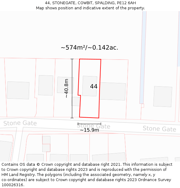 44, STONEGATE, COWBIT, SPALDING, PE12 6AH: Plot and title map