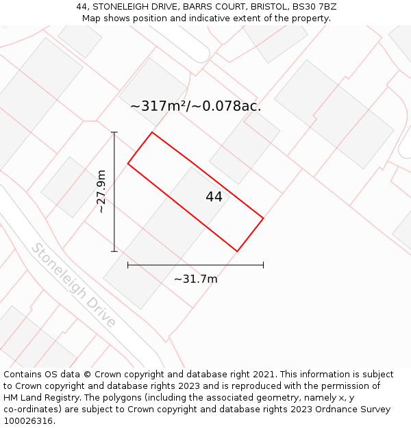 44, STONELEIGH DRIVE, BARRS COURT, BRISTOL, BS30 7BZ: Plot and title map