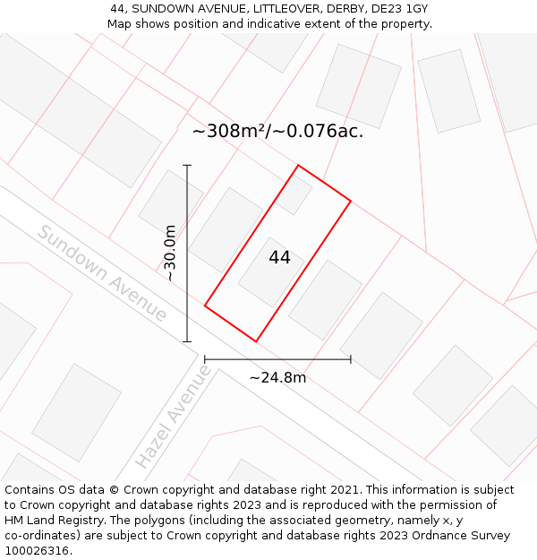 44, SUNDOWN AVENUE, LITTLEOVER, DERBY, DE23 1GY: Plot and title map