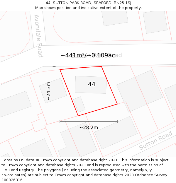 44, SUTTON PARK ROAD, SEAFORD, BN25 1SJ: Plot and title map