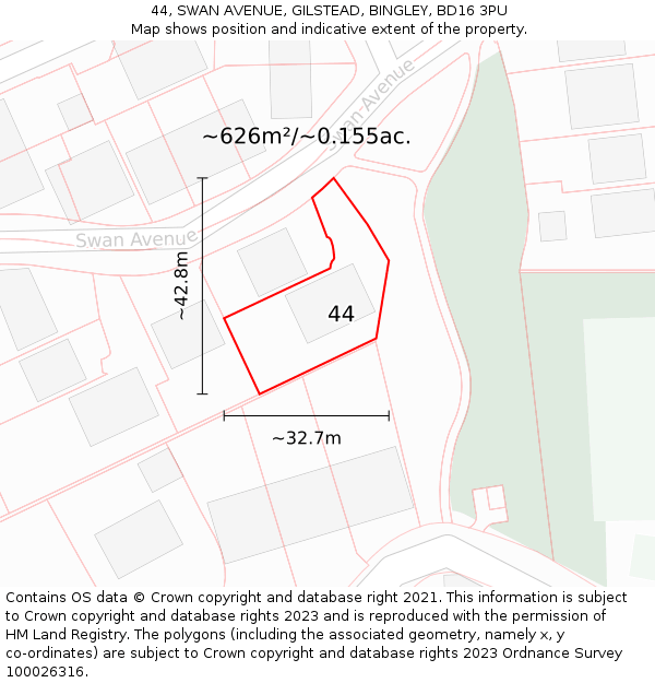 44, SWAN AVENUE, GILSTEAD, BINGLEY, BD16 3PU: Plot and title map
