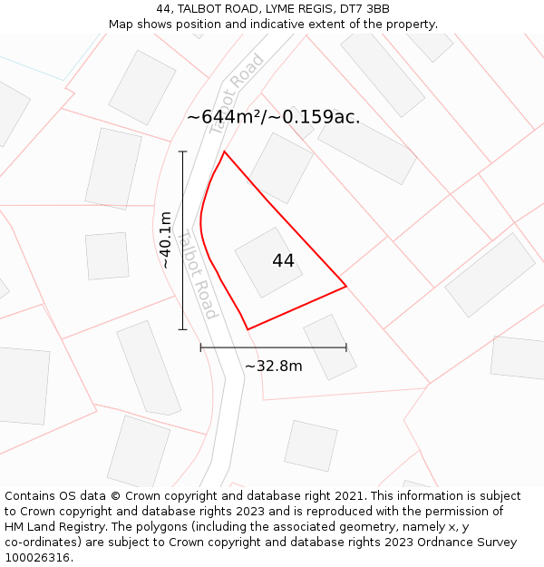 44, TALBOT ROAD, LYME REGIS, DT7 3BB: Plot and title map