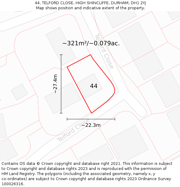 44, TELFORD CLOSE, HIGH SHINCLIFFE, DURHAM, DH1 2YJ: Plot and title map